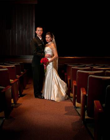 Bride and groom in the theater of the contemporary arts center in Virginia Beach for a summer wedding